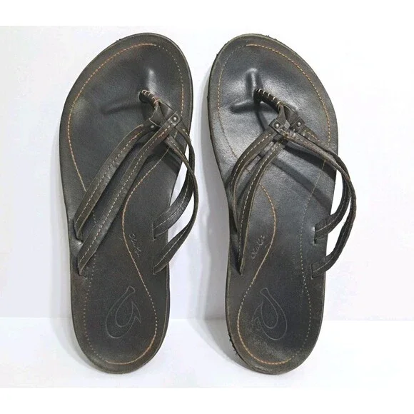 Olukai Womens Size 8 “U’i” Sahara Black Leather Double Strap Sandal Flip Flops - Picture 6 of 6